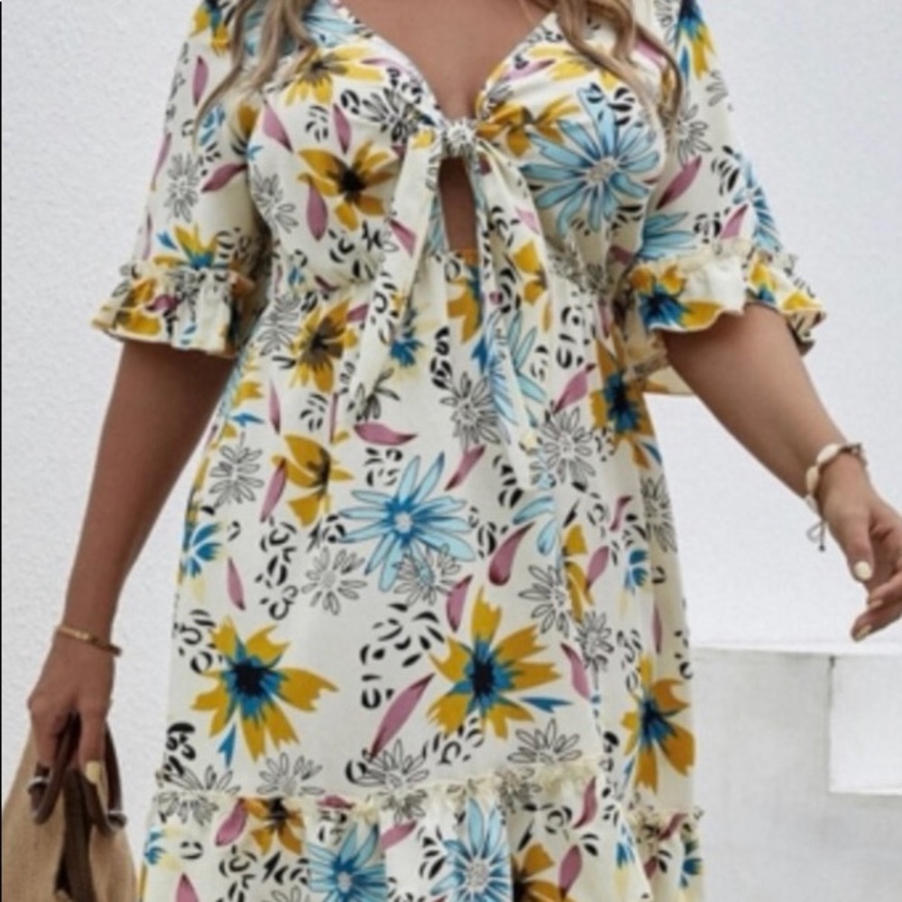 Shrink Curve Sexy Floral, Tie Front, Ruffles Around Sleeves and Hem, Mini Dress - Picture 7 of 15